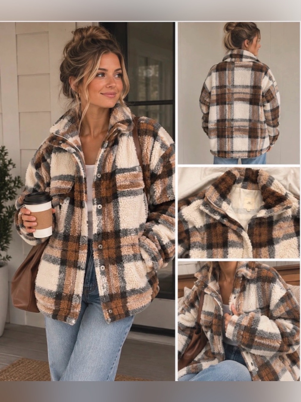 Thread & Supply Brown and Cream Plaid Teddy Jacket